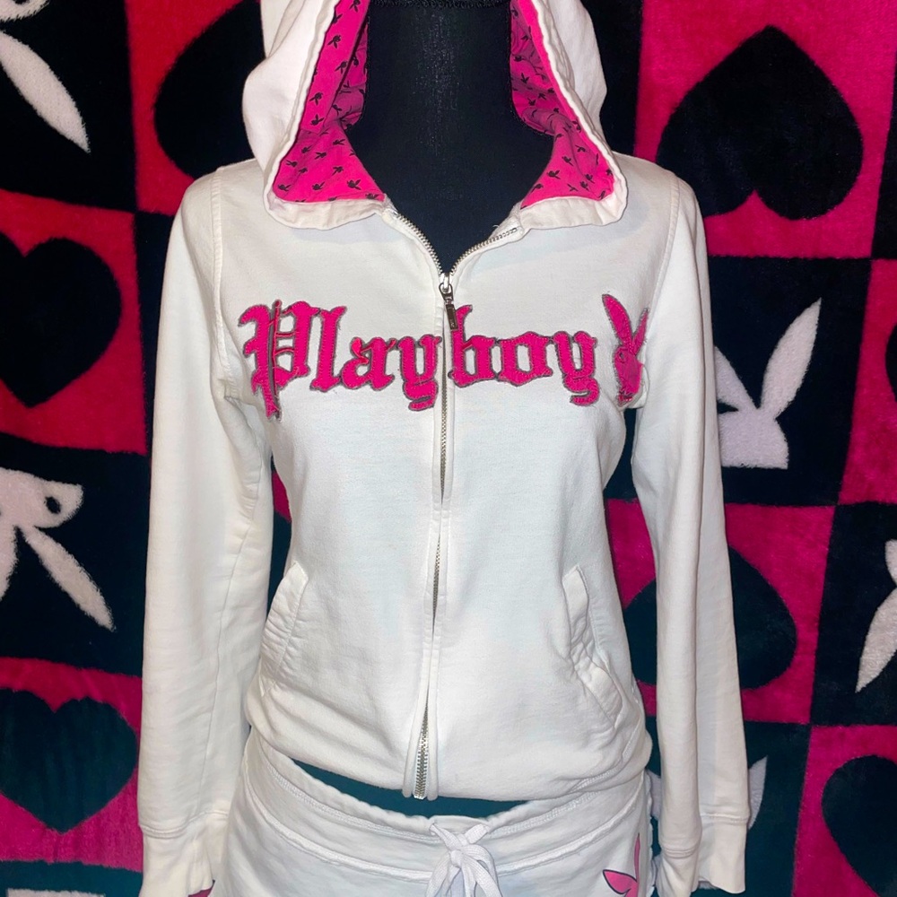 PLAYBOY Pink and White Zip-Up Hoodie Sweatshirt
